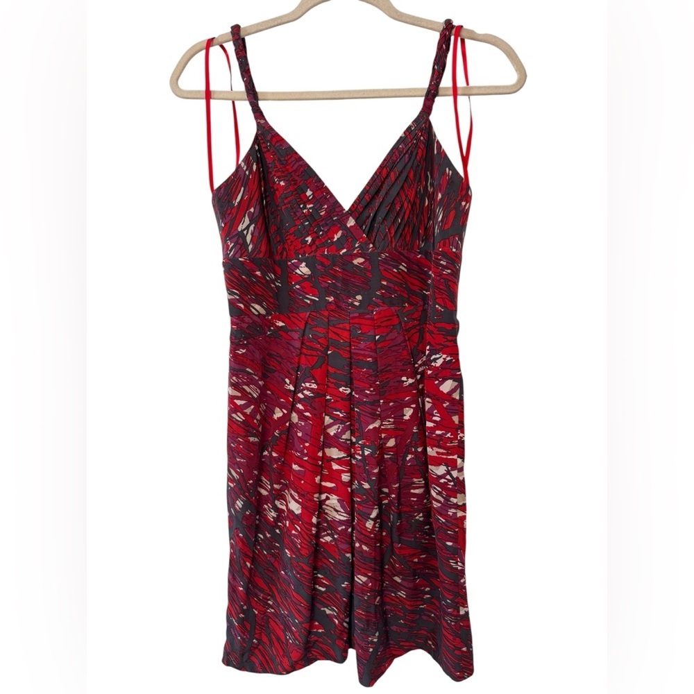 BCBGMaxAzria Red Black White Abstract Dress Size 4 Back Zipper Spaghetti Straps